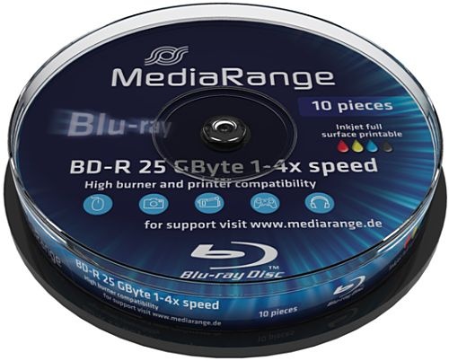 Blu-Ray-Disk BD-R 25 GB 4x Mediarange 10er Cake bedruckbar